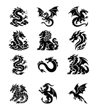 Mythical dragon black silhouette vector collection featuring flying dragons and fantasy creatures