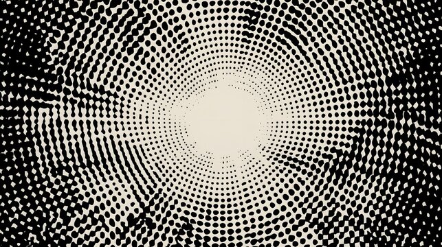 Circular black halftone dot pattern creating radial tunnel effect on light background with noise texture.