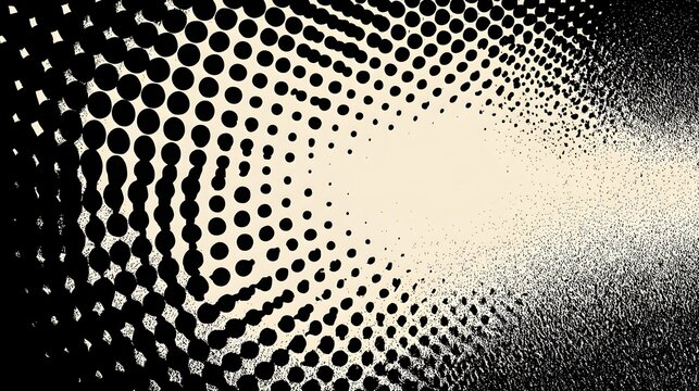 Abstract black halftone dot swirl pattern with distressed noise texture on cream vintage background.