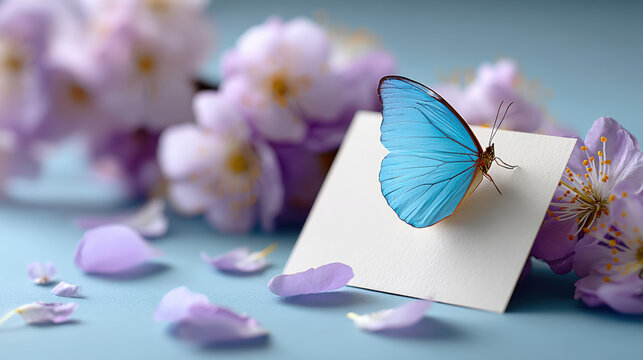 Minimal spring note card with blue butterfly on white square and lavender blossoms for invitation background and stationery design