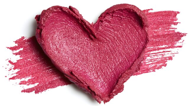 Pink shimmering lipstick heart shape swatch stroke isolated on white background for makeup product design.