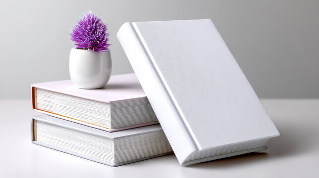 Stacked hardcover books with small vase and purple flower for publishing, book cover mockup, lifestyle editorial and education visuals to promote reading, study spaces and decor styling