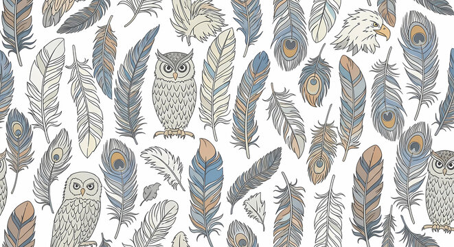 Seamless Hand Drawn Feather and Owl Pattern Background