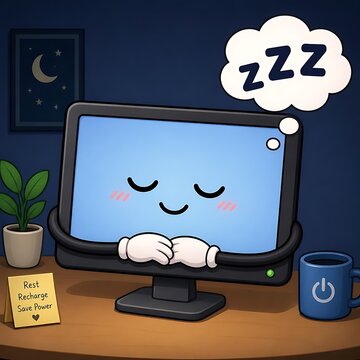Cute cartoon computer sleeping on a desk at night