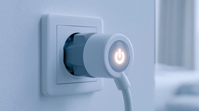 Smart plug connected to a wall socket with a power symbol illuminated, indicating energy control or automation.