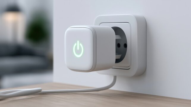 Smart plug with glowing power button connected to a wall socket, enabling remote control of electrical devices.