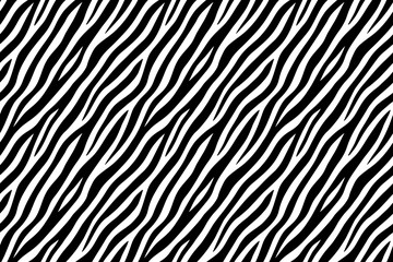 Obraz premium Seamless zebra skin pattern with black and white wavy animal stripes, bold monochrome safari print vector texture for fashion fabric, apparel, wallpaper, wrapping
