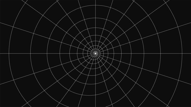 Polar perspective grid vector background with concentric circles and radial lines, black and white technical coordinate diagram, geometric tunnel wireframe for radar, mapping and presentation design