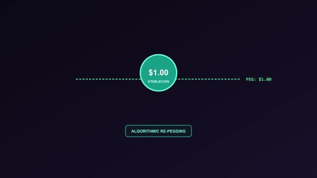 Algorithmic re-pegging stablecoin $1.00 price mechanism animation for cryptocurrency and decentralized finance market analysis 4k