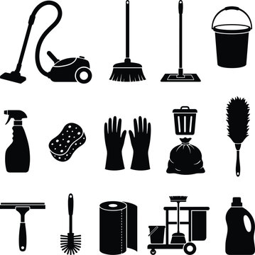 Collection of Black Silhouettes Illustrating Cleaning Services, Housekeeping Equipment, and Domestic Hygiene Tools