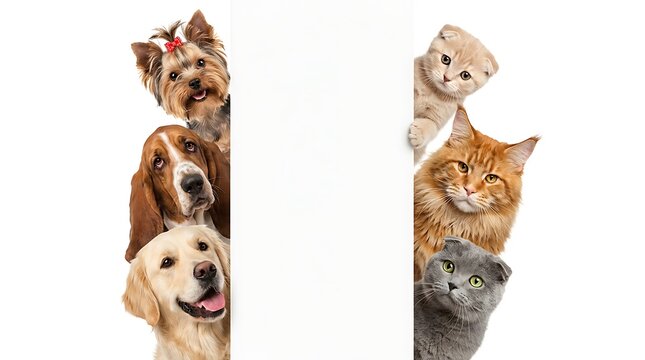 Cute dogs and cats peeking from side borders looking at camera for design template banners