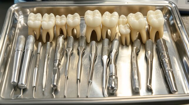 Dental anatomical tooth models and professional metal instruments on a stainless steel tray for orthodontic training study