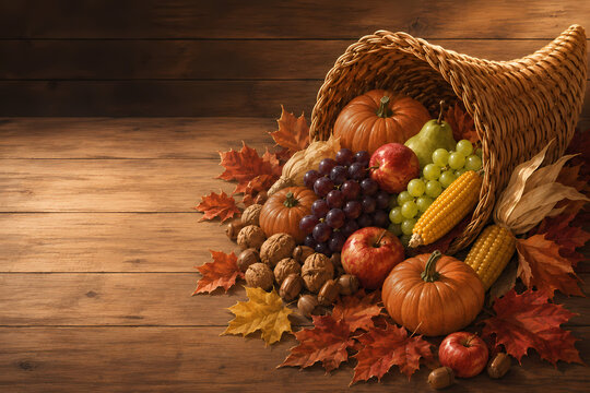 Thanksgiving cornucopia overflowing with pumpkins, grapes, apples, pear, corn and nuts on a rustic dark wooden table with autumn maple leaves, warm harvest still life illustration with large copy spac