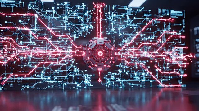 Futuristic Digital Network Core with Glowing Red Energy - A central, multifaceted digital core is illuminated by bright red energy pulses emanating outwards.