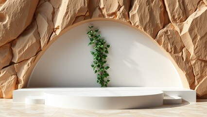 Fototapeta premium Minimalist stage design. Beige stone wall forms arch. White platform, plant decor. Dramatic lighting creates shadows, modern aesthetic.