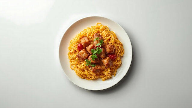 Delicious Crispy Chicken Noodles with Cherry Garnish on White Plate