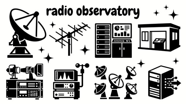 radio observatory infrastructure featuring radio telescopes parabolic dishes antenna arrays receiver systems signal processors control buildings and astronomical monitoring vector illustration set