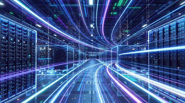 Digital Highway: A futuristic data center aisle glows with streaks of blue and purple light, representing the flow of information and high-speed connectivity.