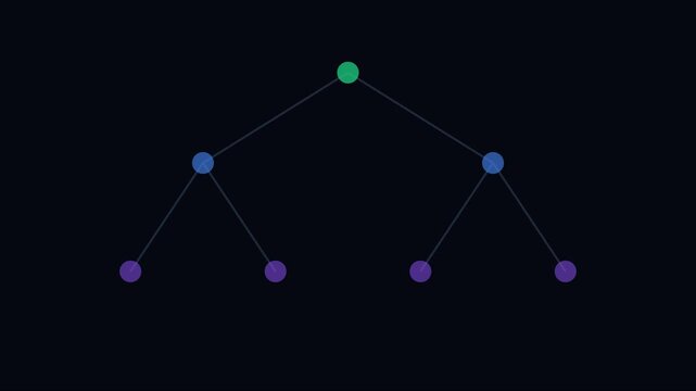 Animated binary tree data structure diagram with connecting nodes and network connections animation 4k