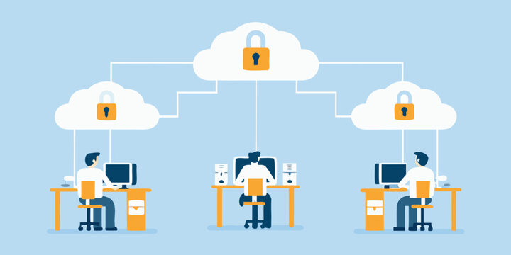 three people working at desks with cloud lock icons flat vector illustration remote work collaboration technology connectivity security digital workspace teamwork computers networking