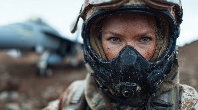 A powerful portrait of a female soldier wearing tactical gear and a helmet, embodying resilience and bravery amidst a military backdrop that speaks volumes.