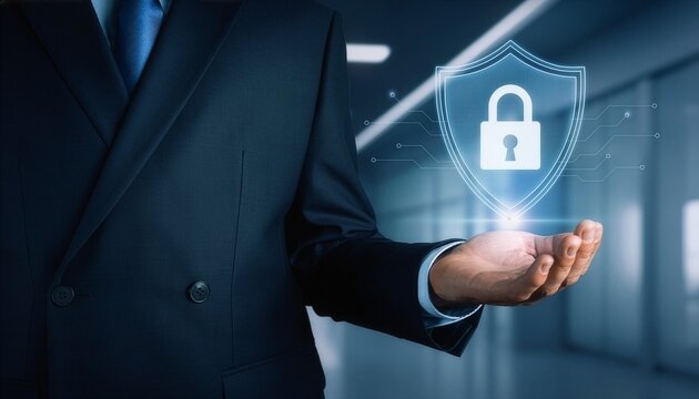 A businessman holds a glowing digital shield with a padlock hologram. This high-tech concept represents cybersecurity, data protection, and corporate privacy in a modern office.