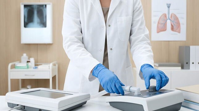 Doctor Adjusting Respiratory Device with Blue Gloves in Medical Clinic