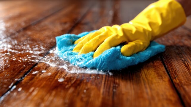 A close-up view of a yellow-gloved hand scrubbing a wooden floor with a blue cleaning cloth, showcasing the dedication to maintaining a clean and polished home environment.