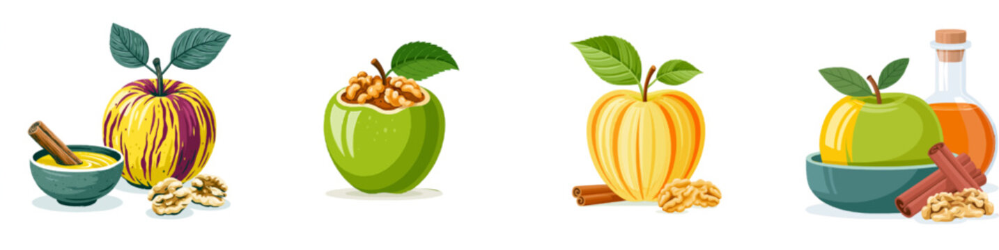 A vibrant apple adorned with cinnamon and walnuts rests beside a bowl of melted butter, all set against a clean white background