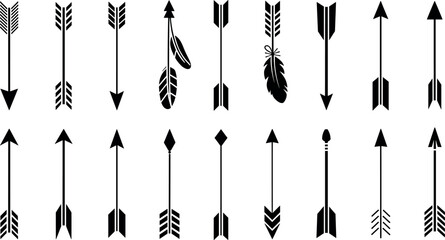 Boho arrow vector set with tribal feather black silhouettes isolated on white background for decorative rustic logo design © Raju