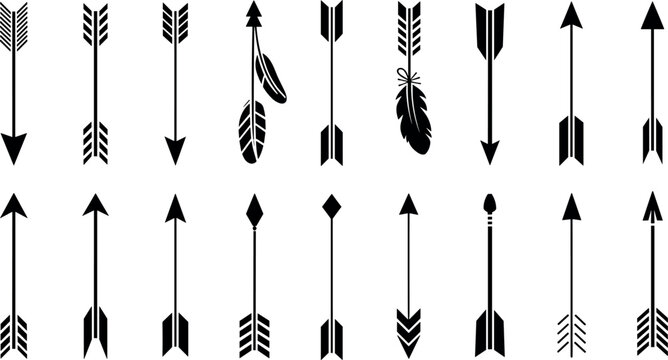Boho arrow vector set with tribal feather black silhouettes isolated on white background for decorative rustic logo design