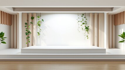 Fototapeta premium Minimalist stage design. White platform illuminated, framed by wooden slats, greenery. Clean backdrop suitable for product display or presentation.
