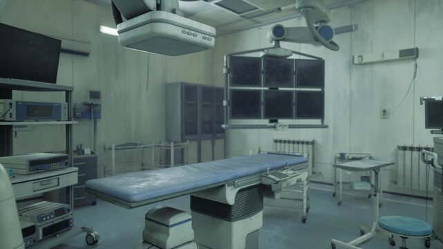 Prepared operating room with surgical lights focused, central table draped and anesthesia cart connected, wall monitors in standby, stainless instrument