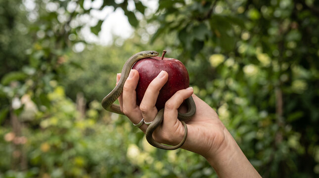 Woman's hand holding a bright red apple with a snake wrapped around it, symbolizing temptation, forbidden fruit, knowledge, and original sin