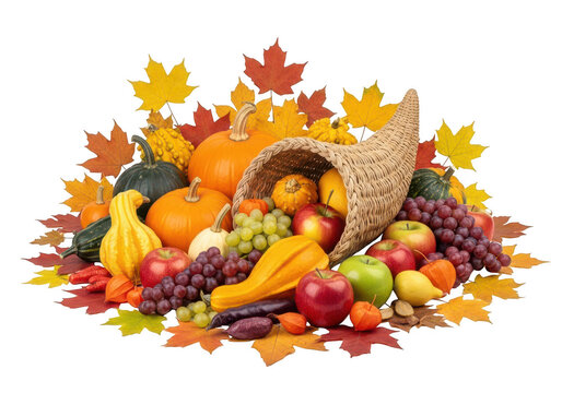 Autumn harvest cornucopia with pumpkins and colorful leaves isolated on transparent background png