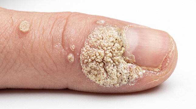 Detailed macro view of a rough wart spreading next to a fingernail - Fingernail Hyperkeratotic Skin Growth 
