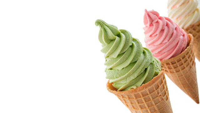 Two delicious soft serve ice cream cones isolated on transparent background