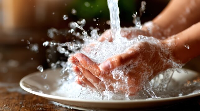 Water cascades over hands in a graceful manner, creating a visually stunning splash that encapsulates the refreshing feeling of cleanliness and the beauty of fluid motion.