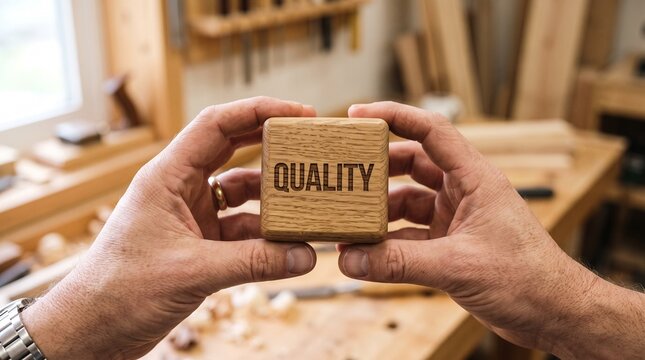 Hands are holding a wooden cube with the word QUALITY on it