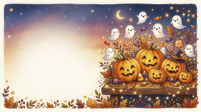 Cute Watercolor Halloween Illustration with Pumpkins, Ghosts, Candy, and Copy Space