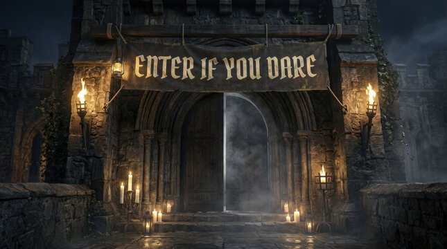 Dark Castle Entrance with "Enter If You Dare" Banner, Torches, and Candles for Halloween