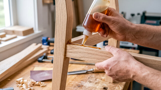 Hand squeezing liquid wood glue from squeeze bottle into mortise and tenon joint of wooden chair frame component