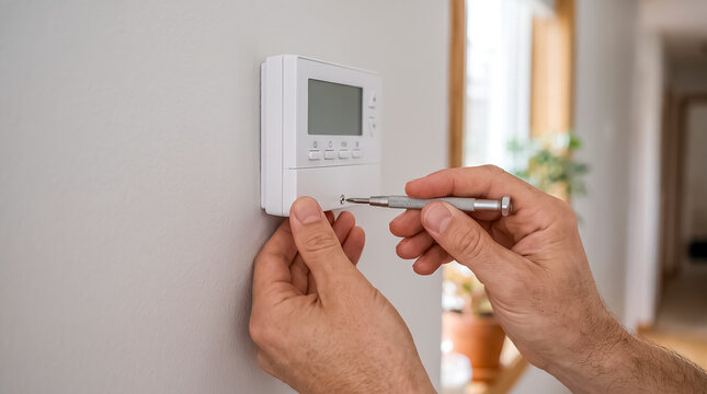 Hand using precision screwdriver to adjust mounting screw on white digital wall thermostat HVAC control panel
