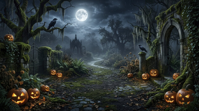 Eerie Halloween Graveyard at Night with Full Moon, Jack-o'-Lanterns, Crows, and Fog