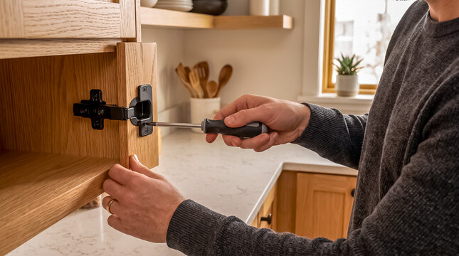 Hand using screwdriver to adjust soft close cabinet door hinge alignment screw on wooden kitchen cupboard frame