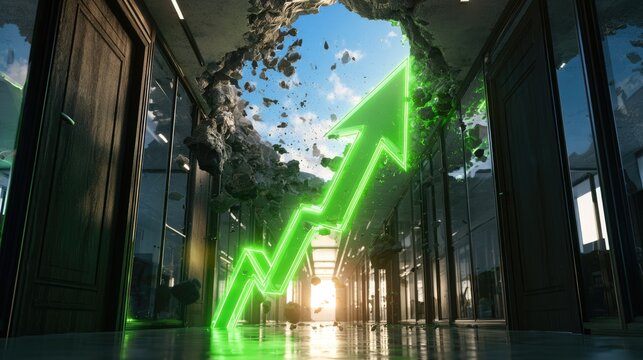 Breakthrough, upward trend, a neon green arrow pierces through a damaged ceiling