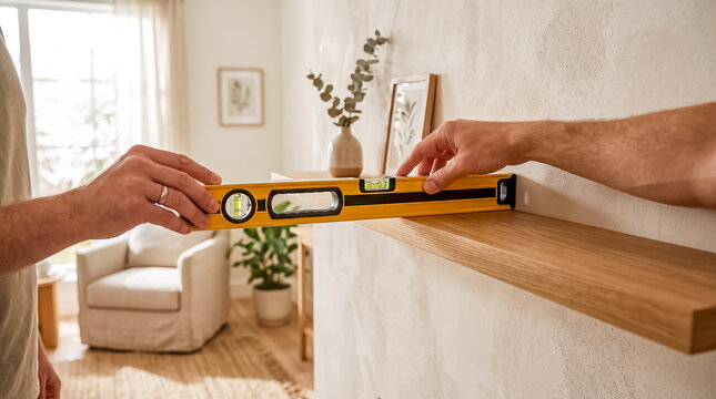 Hands adjusting wooden shelf alignment using yellow spirit level tool on wall during home interior shelf mounting