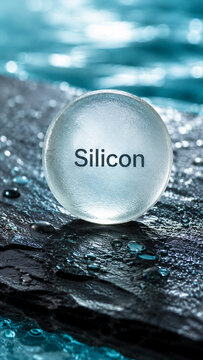 A clear sphere labeled silicon rests on a dark rock with water droplets. The scene captures a bright light reflecting off the water, creating a clear focus on the sphere
