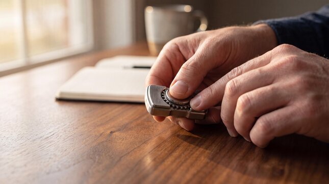 Fidget Spinner Focus: A close-up shot captures a person's hands skillfully manipulating a metal fidget spinner on a wooden desk, with a notebook and coffee mug in the background.