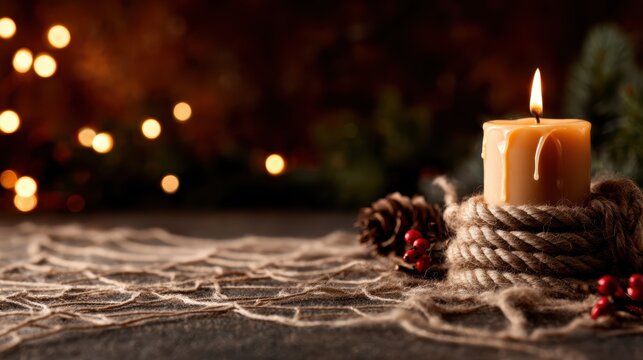 A glowing candle adorned with rustic decorations casts a warm light against a blurred festive background, evoking feelings of coziness and seasonal ambiance.